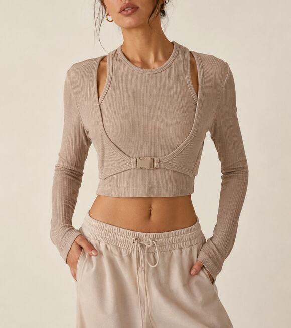 Princess Polly Tops - CIDER Ribbed Knit Long Sleeve Buckle Crop Top Beige Small EUC